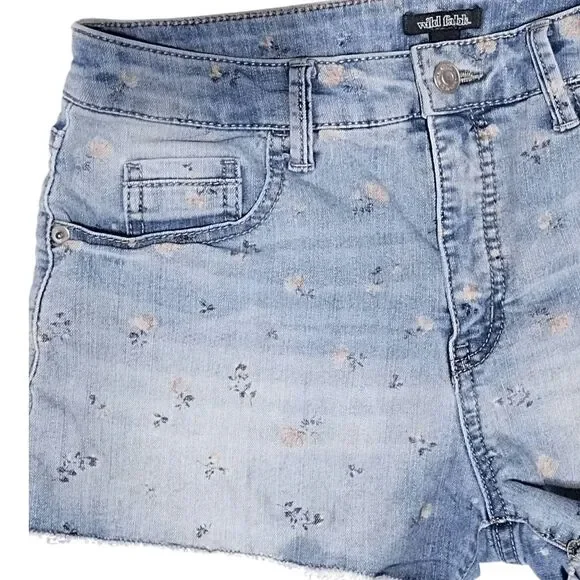 Wild Fable Rose Print Denim Jean Cut Off Shorts Jr Sz 9 Raw Fringe Hem - Picture 9 of 10